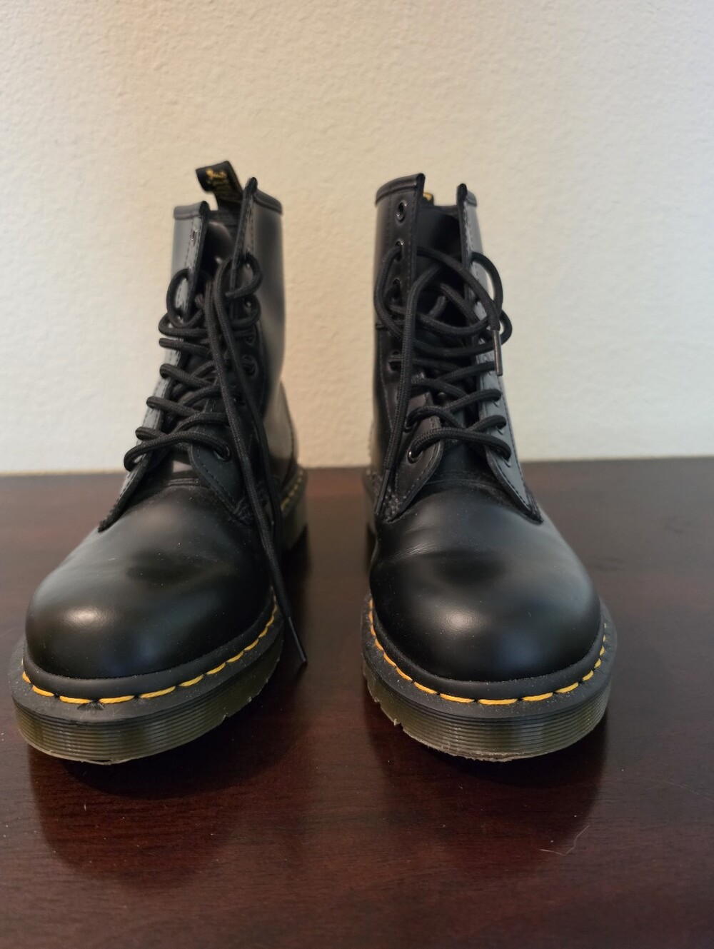 Dr. Martens Women's Black Leather Lace-Up  with Yellow Stitching